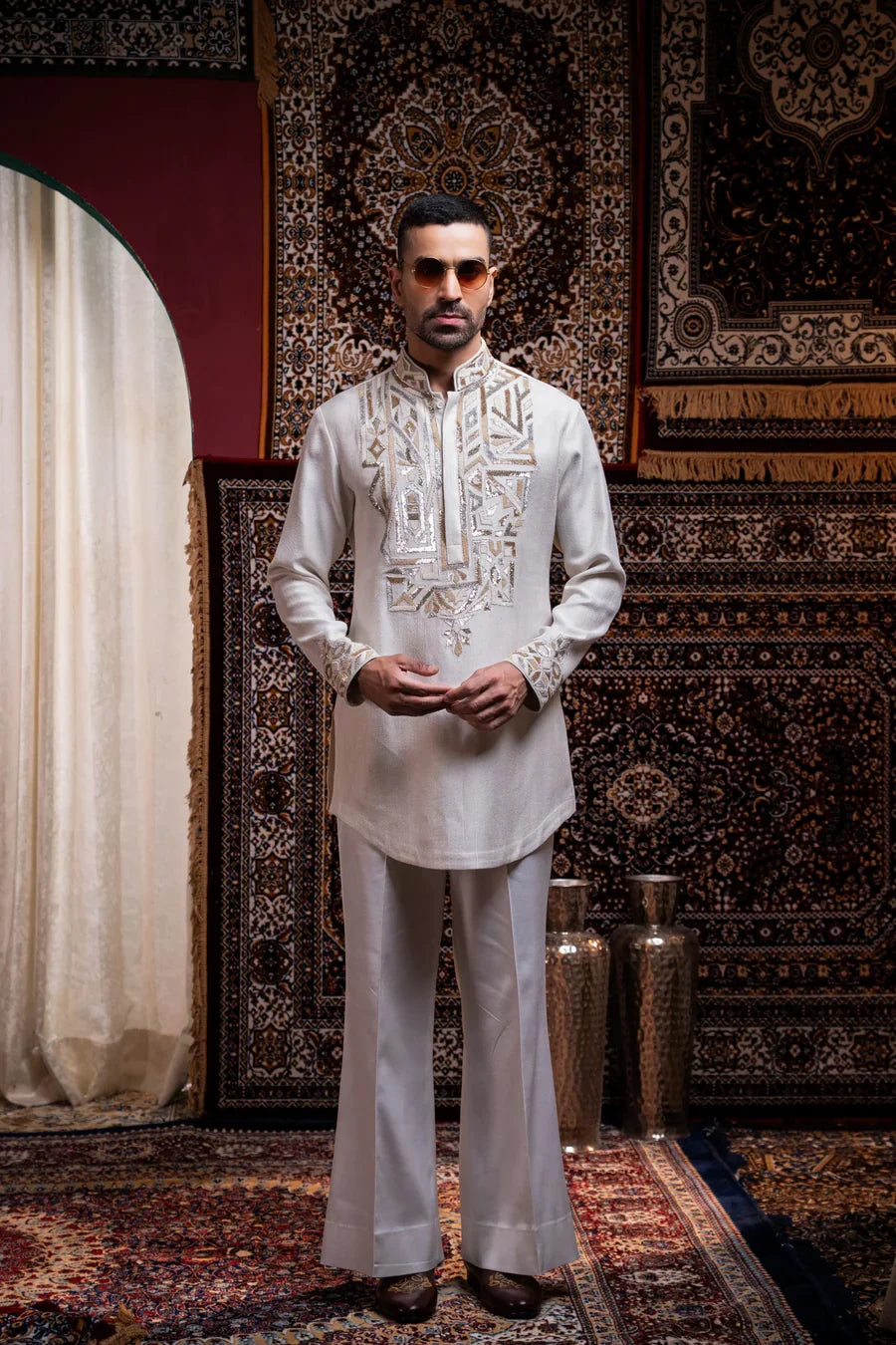 Ivory Regal Embroidered Linen Silk Kurta