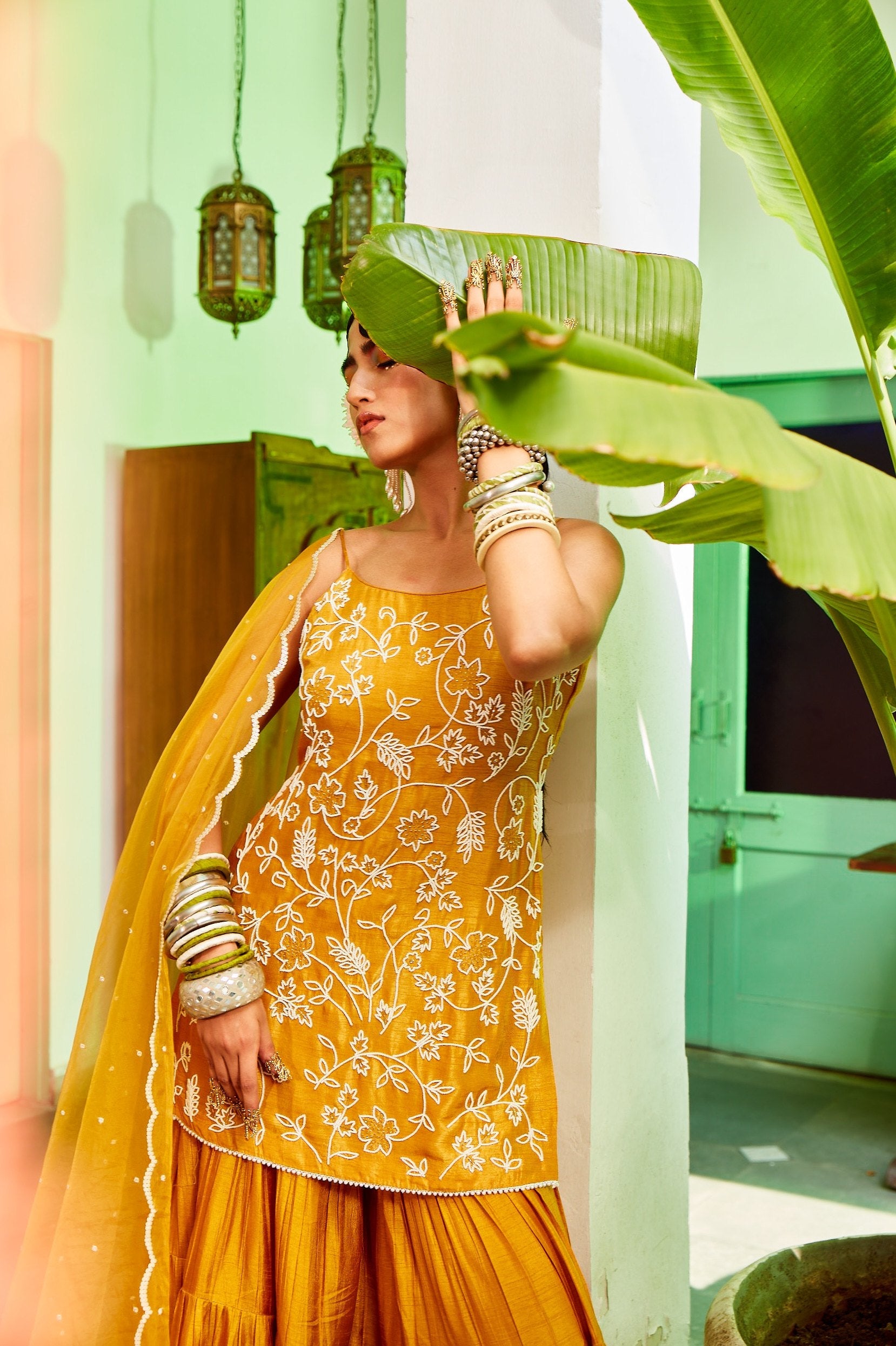 Mustard Kurta With Tiered Sharara