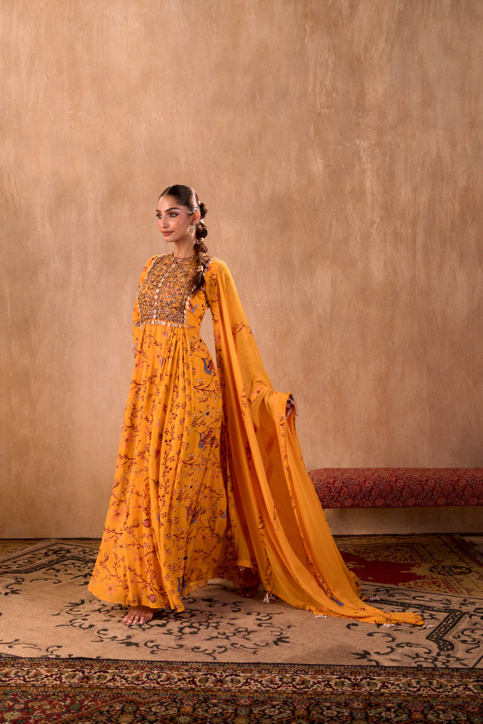 YELLOW PRINT EMBROIDERED ANARKALI AND DUPATTA SET - image 5