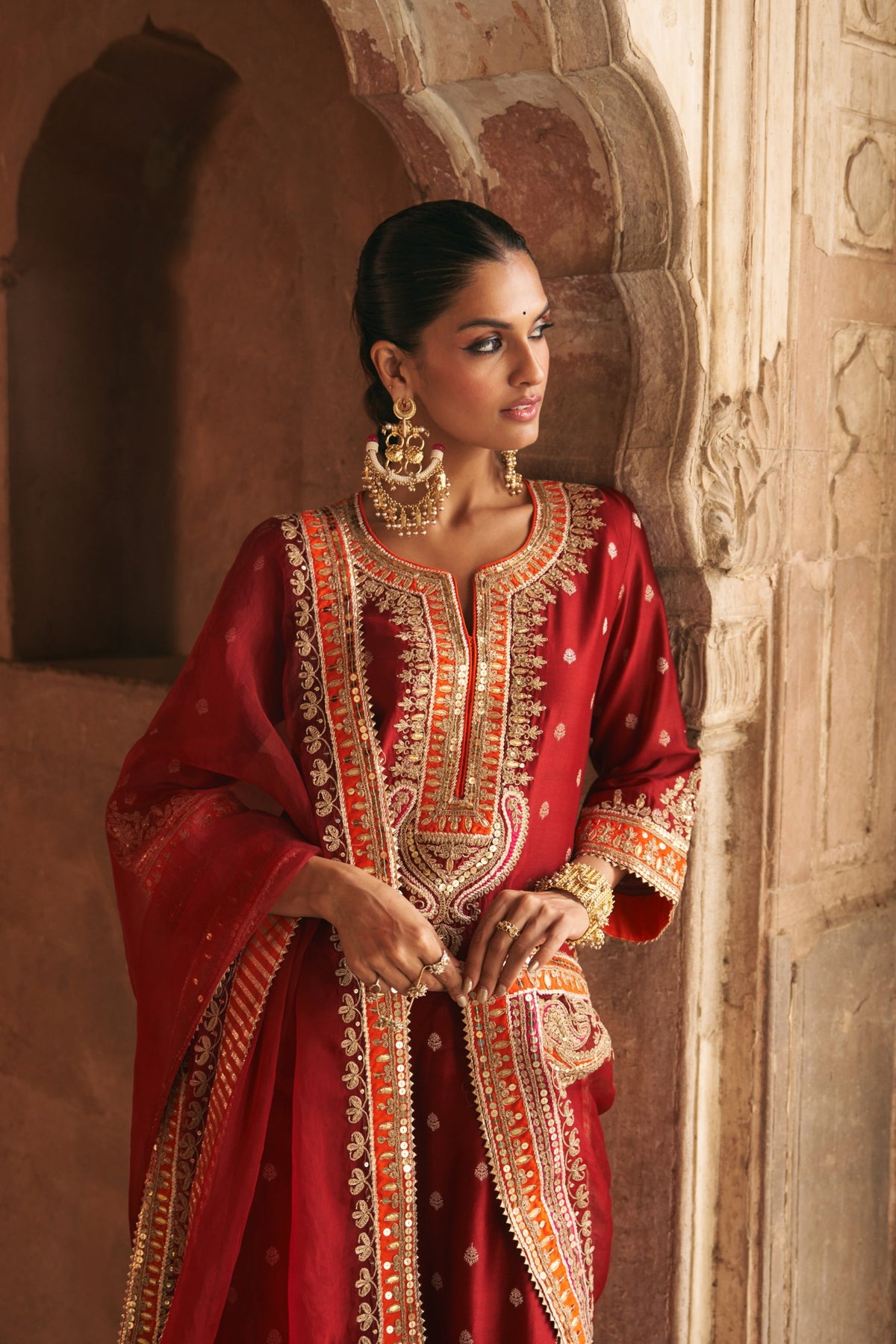 Deep Red Embroidered Kurta Set with Silk Organza Dupatta