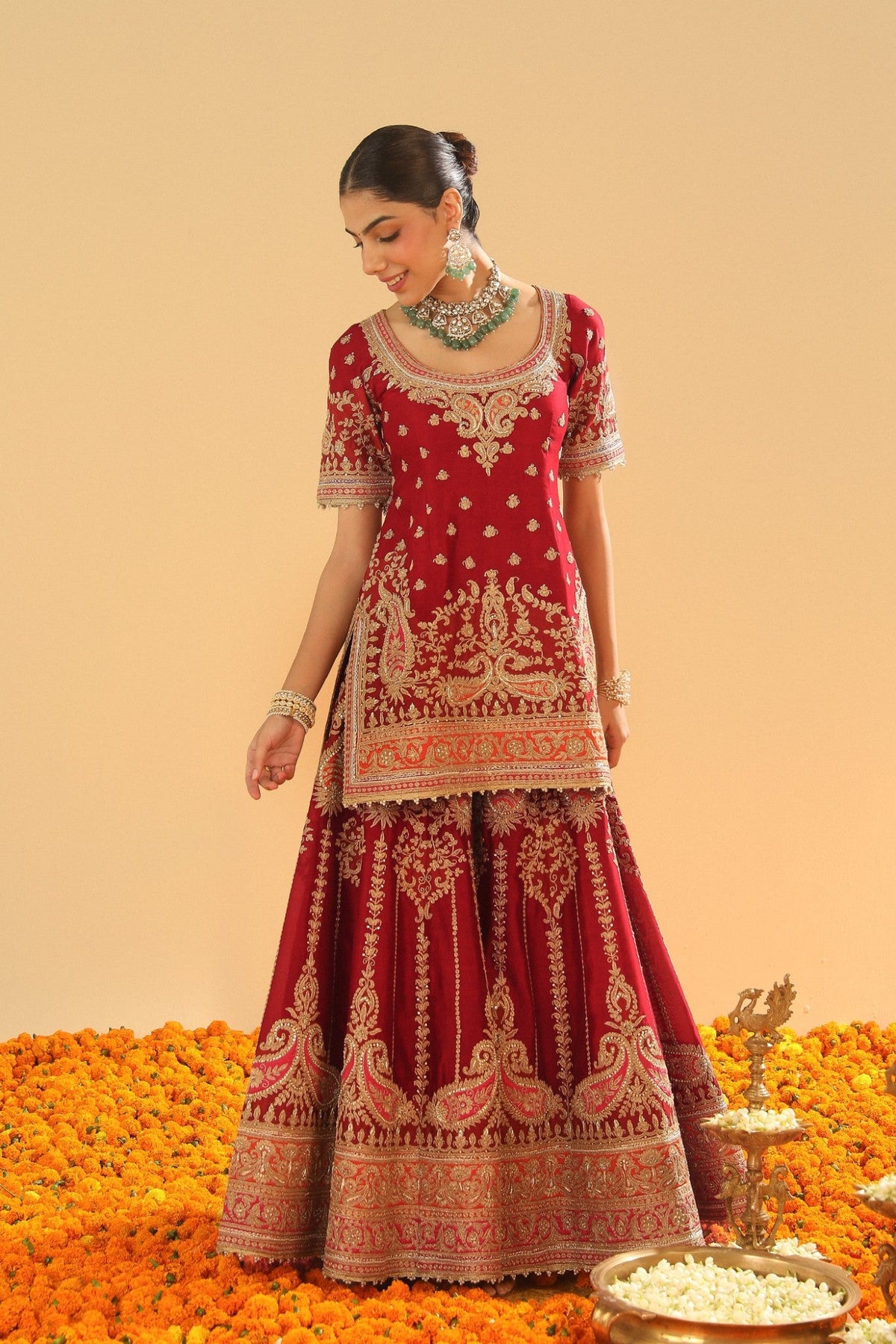 Sehrish - Deep Red Short Kurta with Sharara and Odhni