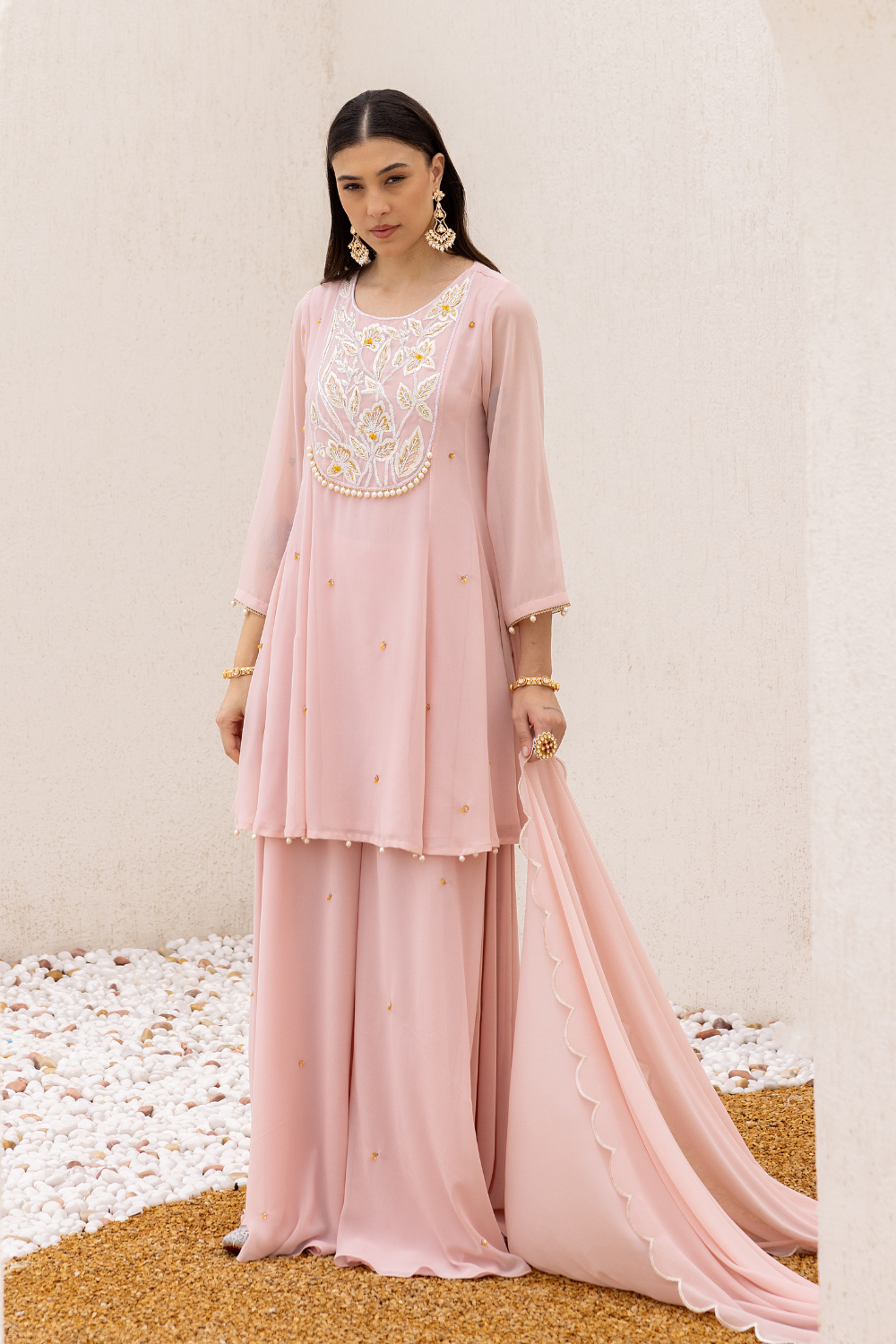 Anchal Peplum Suit With Sharara in Rose Pink Georgette