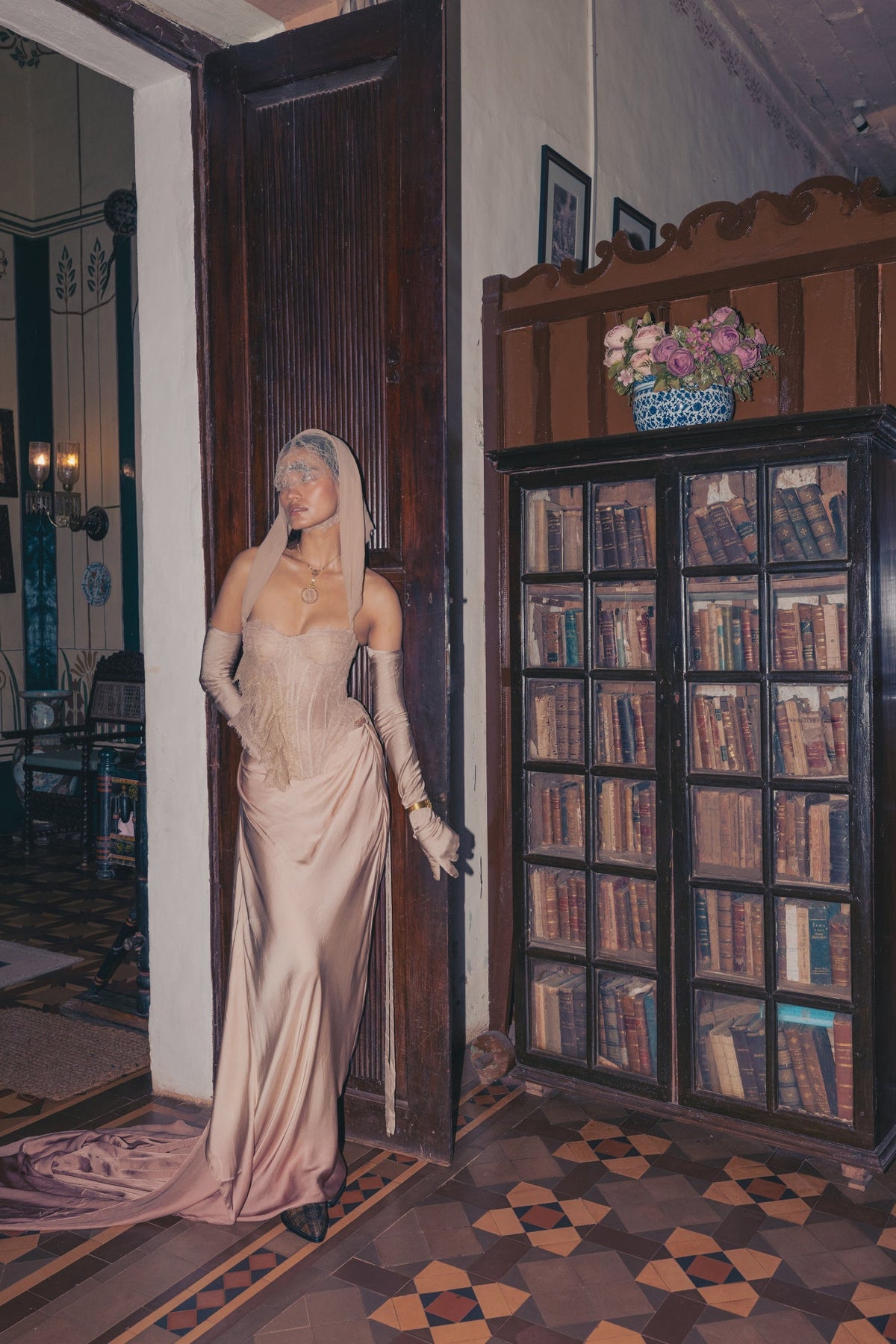 Beige & Rose, Hand-Dyed Lace Detailing, French Lace & Georgette, Corset Skirt Set, Tie-Dye Silhouette