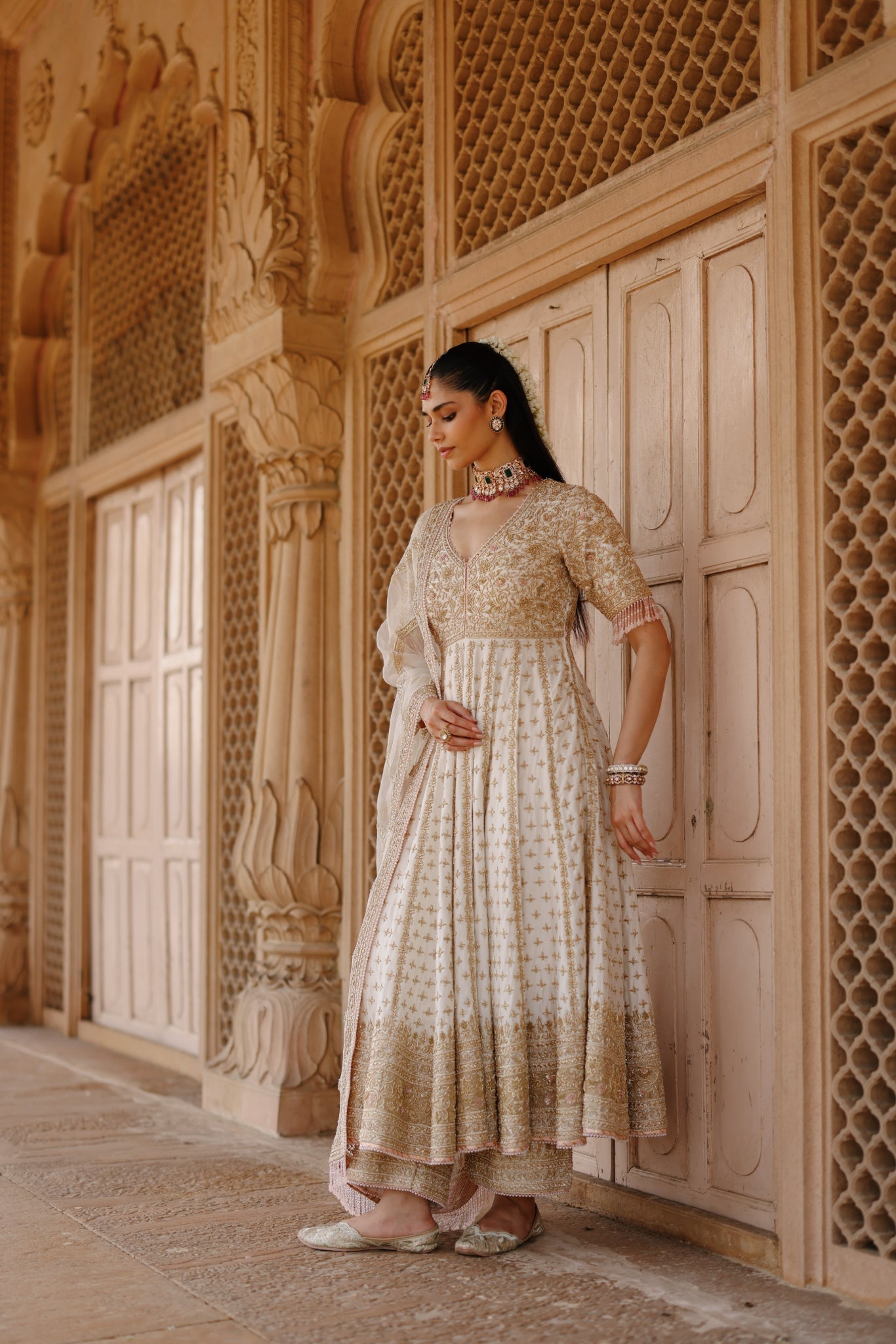 Nafees - Daisy Ivory Kalidaar Anarkali Set with Palazzo & Dupatta