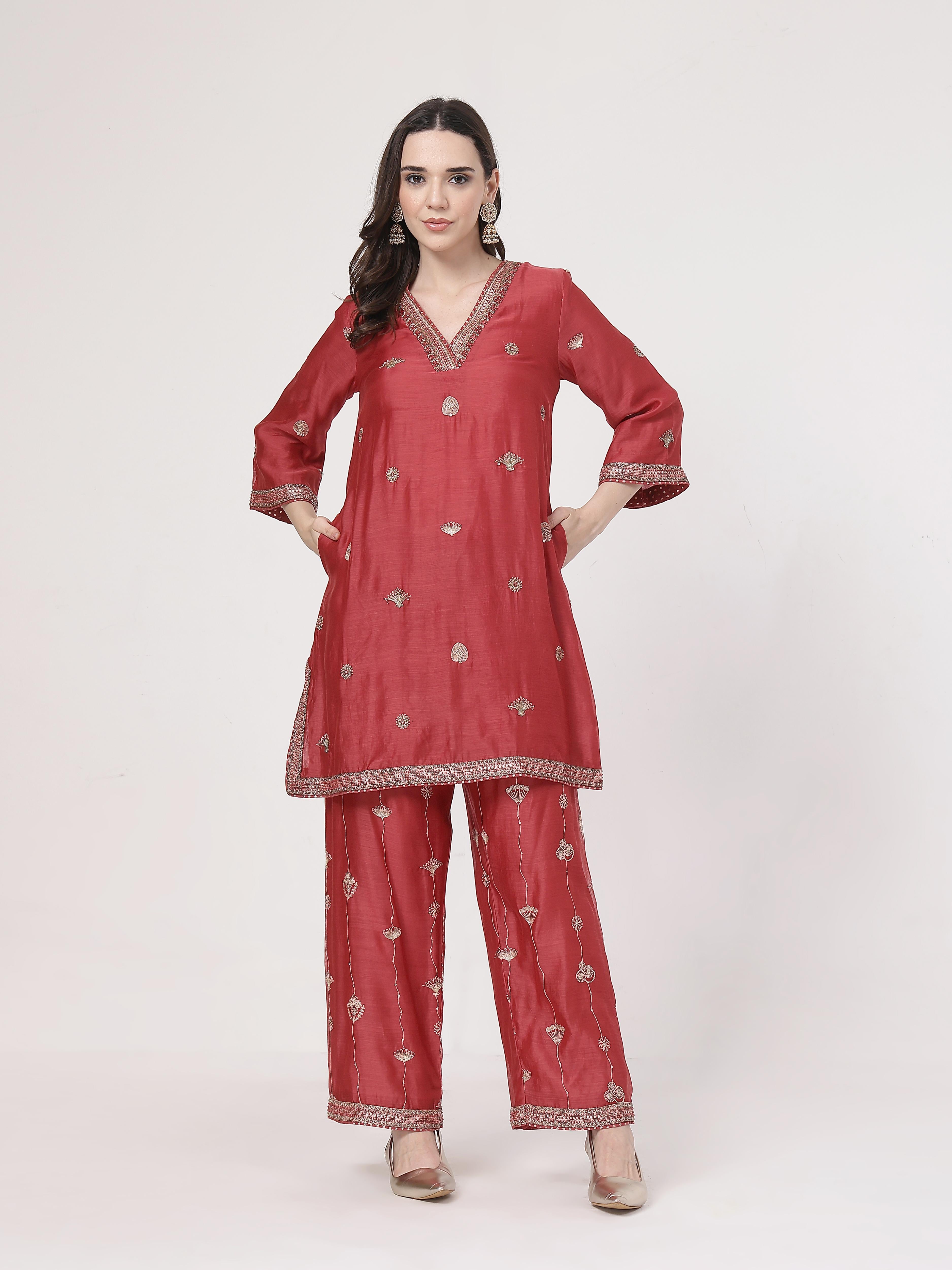 Maroon Embroidered Suit Set