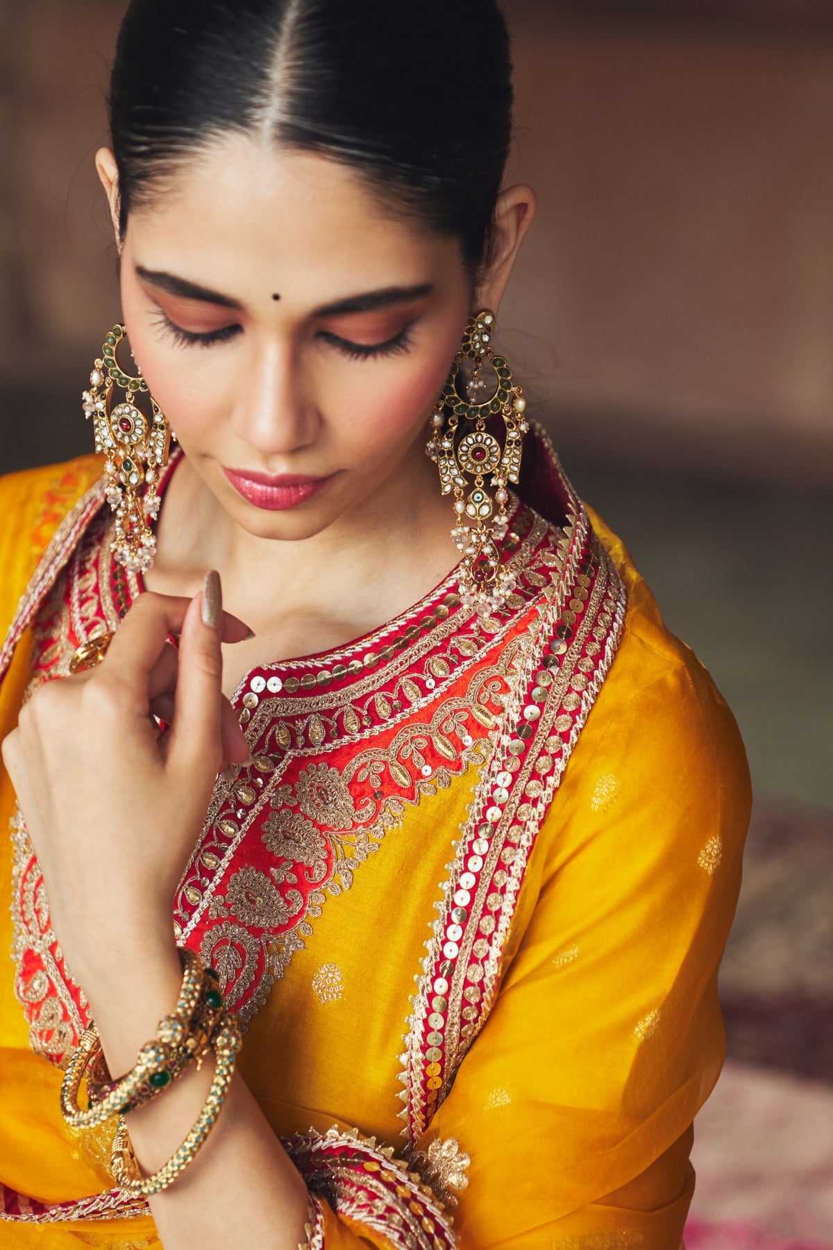 Mustard Silk Chanderi Banarasi Chauga Kurta with Dogri Salwar Set
