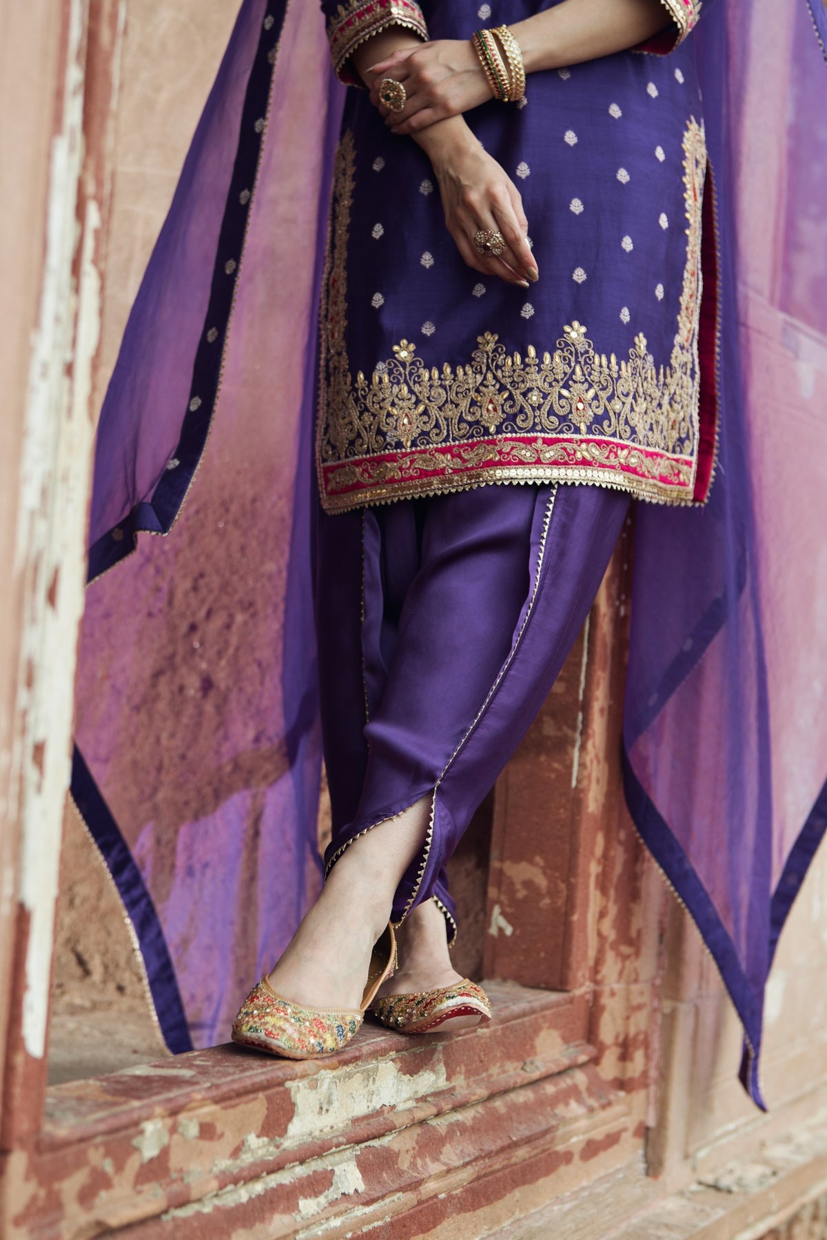 Deep Purple Silk Chanderi Short Kurta Dhoti Set for Festive Wear