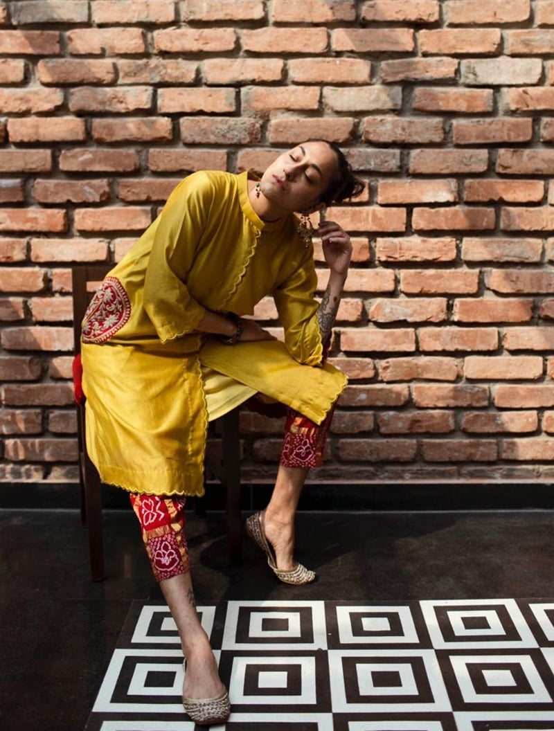 chanderi kurta with beautiful lotus embroidered motifs and gharchola pants