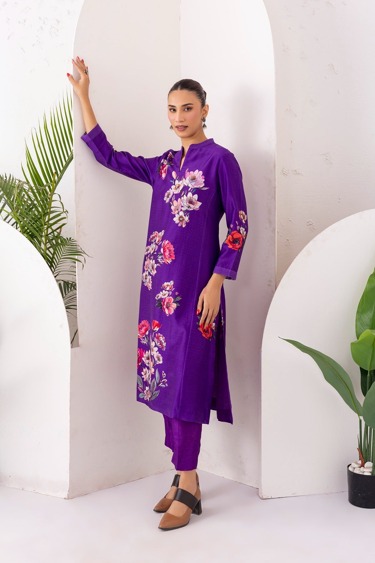 Royal Purple Silk Chanderi Printed Tunic Set (2 PCS)