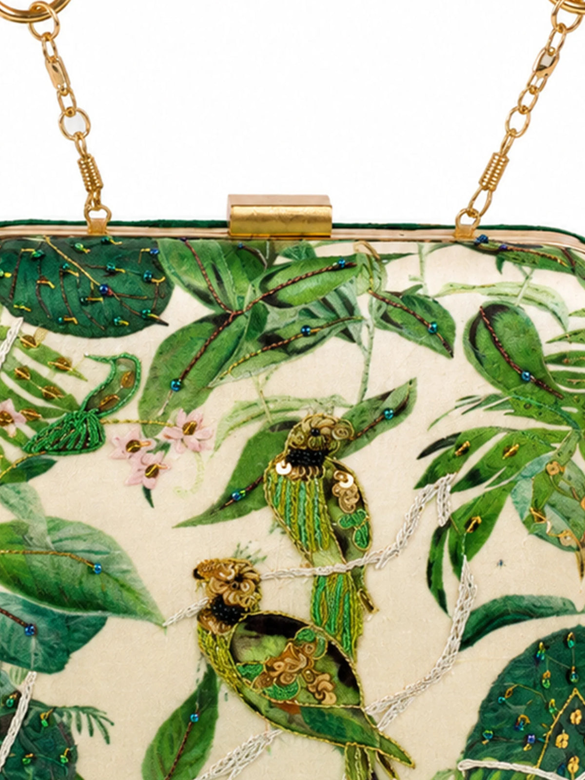 Green Parrot Embroidered Clutch Bag with Forest Print & Gold Tassel