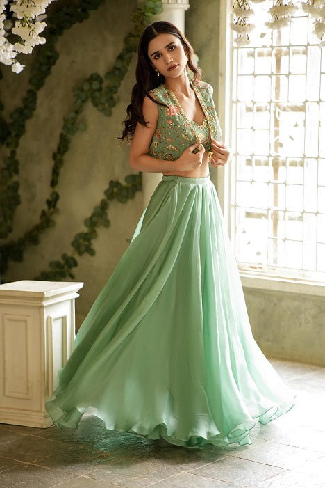 TEAL GEORGETTE SHARARA SET WITH JACKET