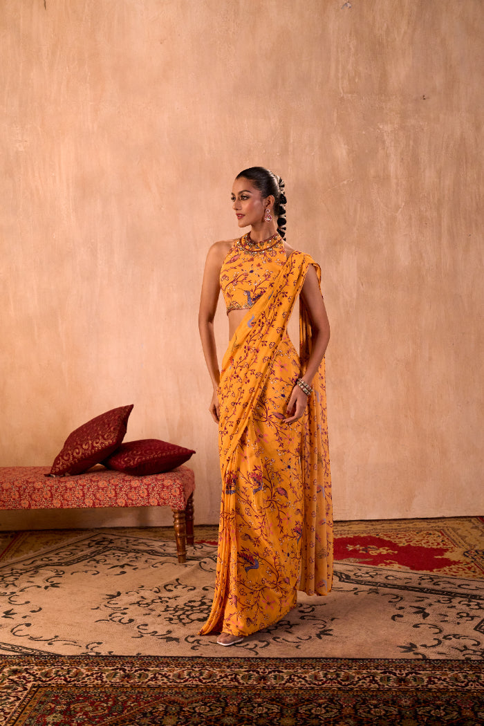 YELLOW PRINT EMBROIDERED HALTER CHOLI AND PREDRAPED SARI SET - image 5