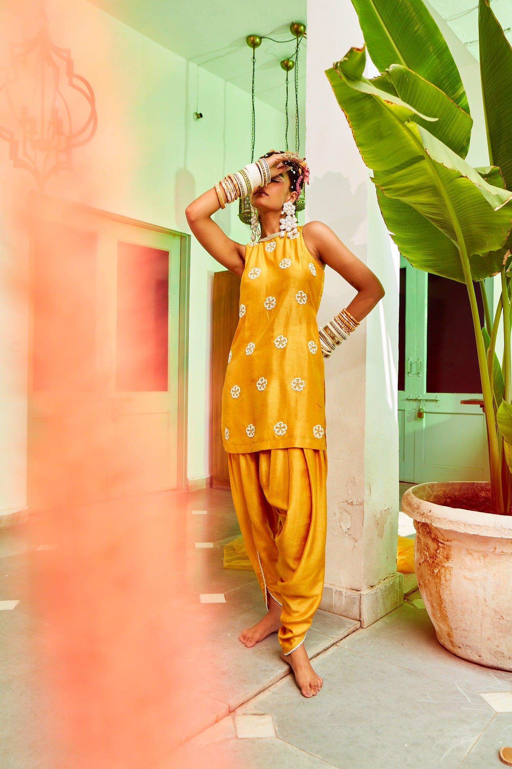 Mustard Short Kurta With Tulip Pant