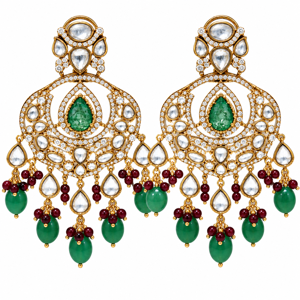 Emerald Green Semi-Precious Stone Kundan Long Necklace Set with Maang Tikka