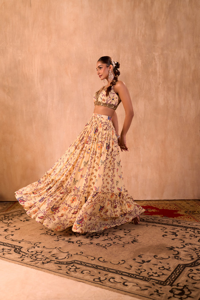 IVORY PRINT EMBROIDERED CHOLI, LAYERED LEHENGA AND DUPATTA SET - image 5