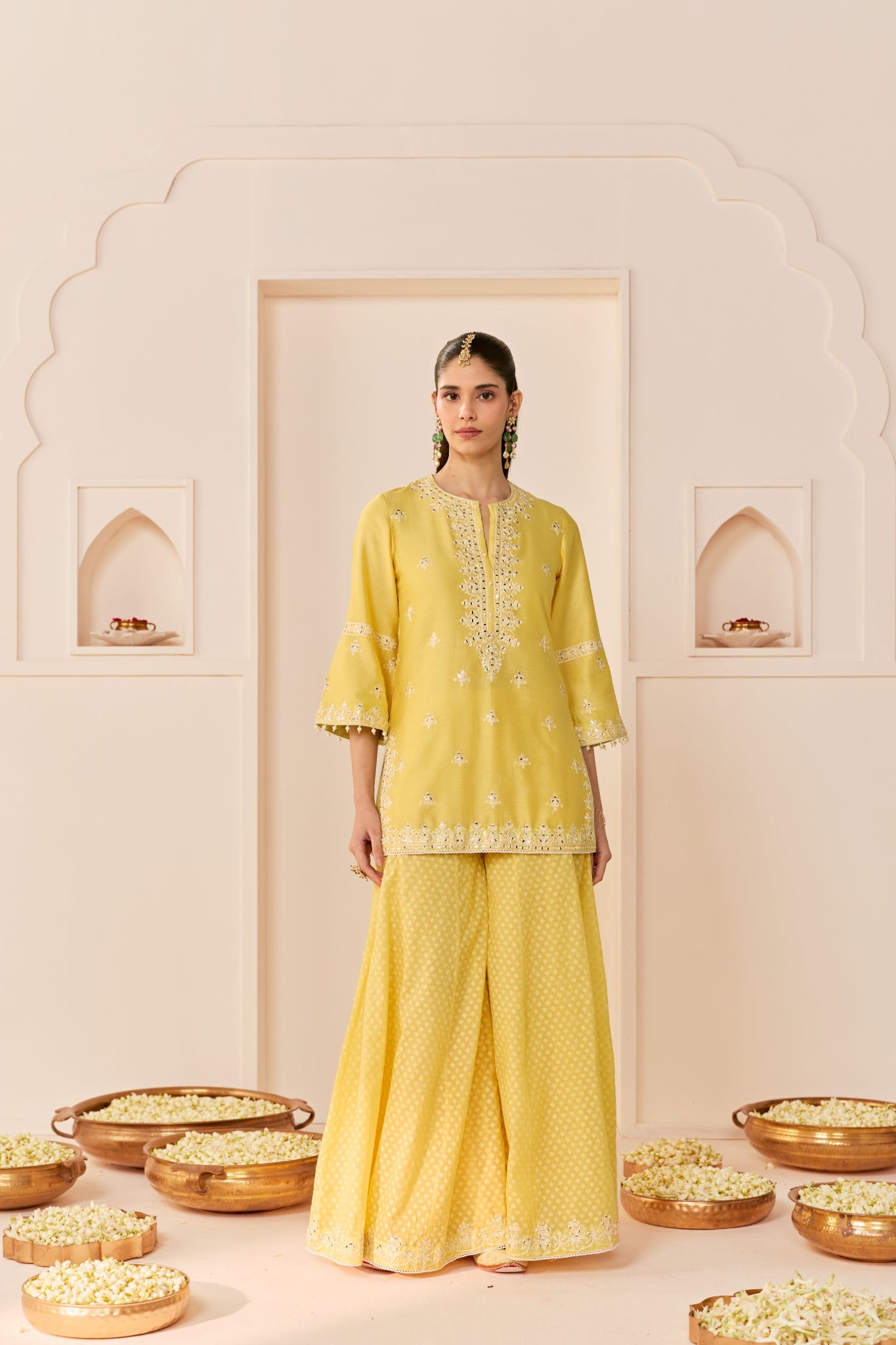 REHMA - LEMON YELLOW SHORT KURTA WITH SHARARA AND DUPATTA
