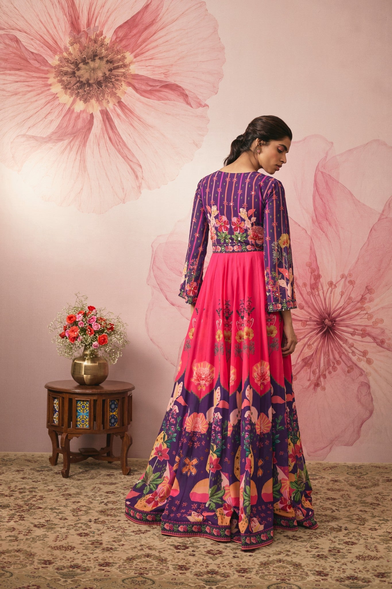VIOLET FLORAL PRINTED COLOR BLOCK GOWN SET