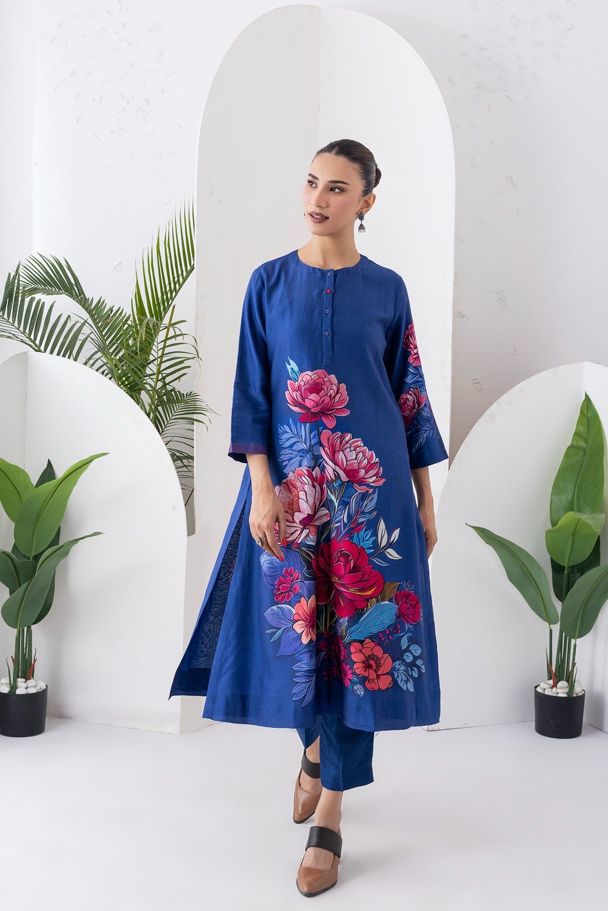 Cobalt Blue Silk Chanderi Printed Dress Set (2 PCS)