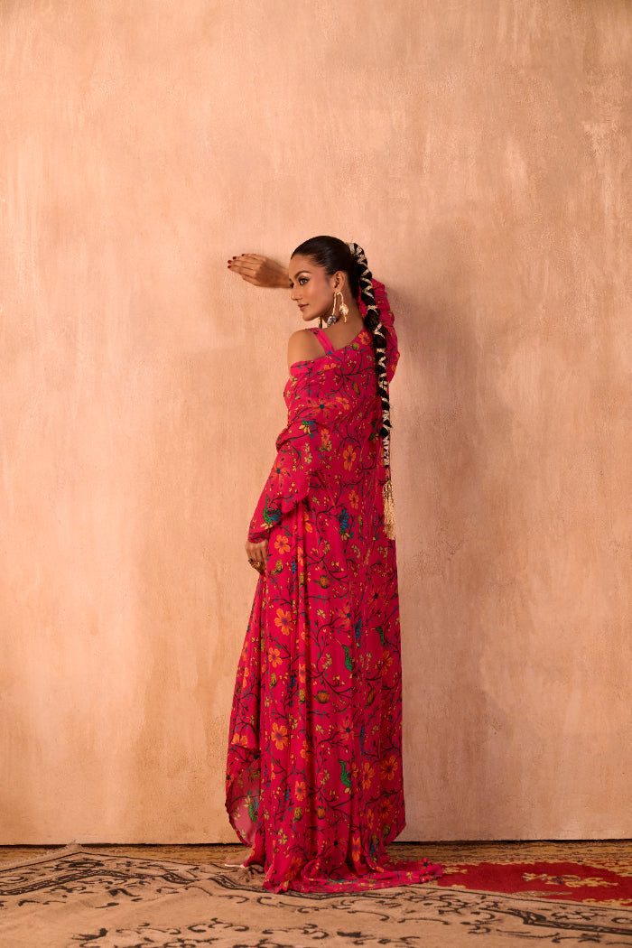 PINK PRINT EMBROIDERED CHOLI, DRAPED SKIRT AND JACKET SET - image 5