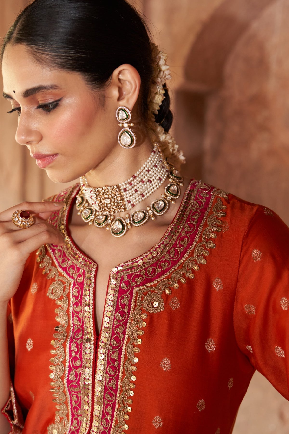 Burnt Orange Embroidered Kurta Set with Silk Organza Dupatta