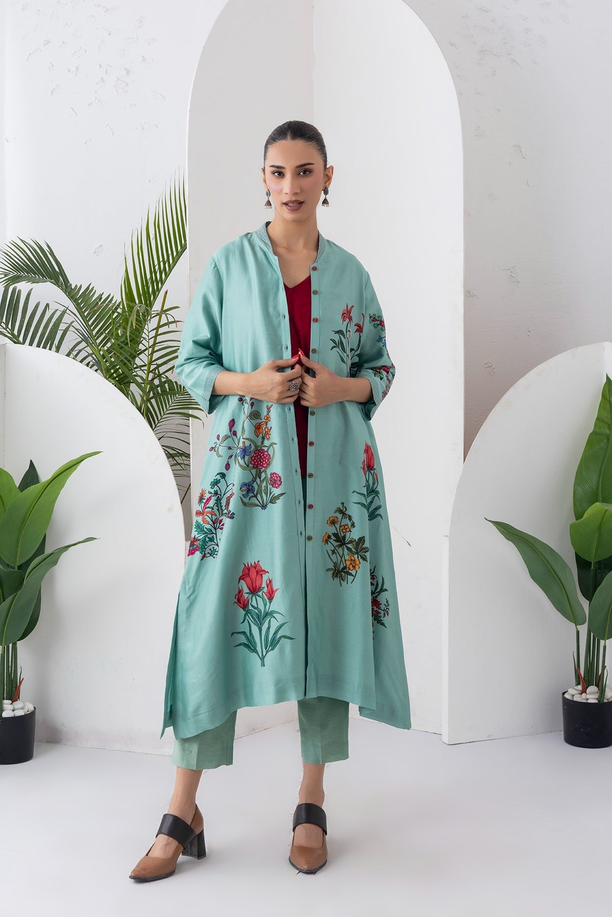 Mint Silk Chanderi Floral Printed Front Open Dress Set (3 PCS)