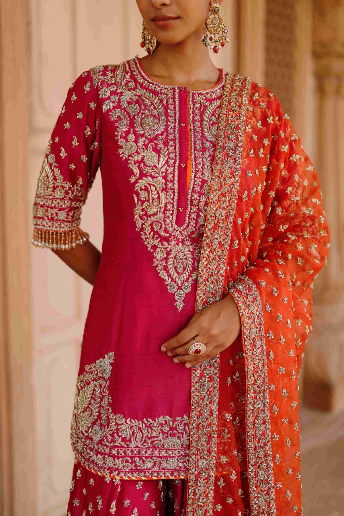 Hot Pink Embroidered Kurta Sharara Set with Organza Dupatta