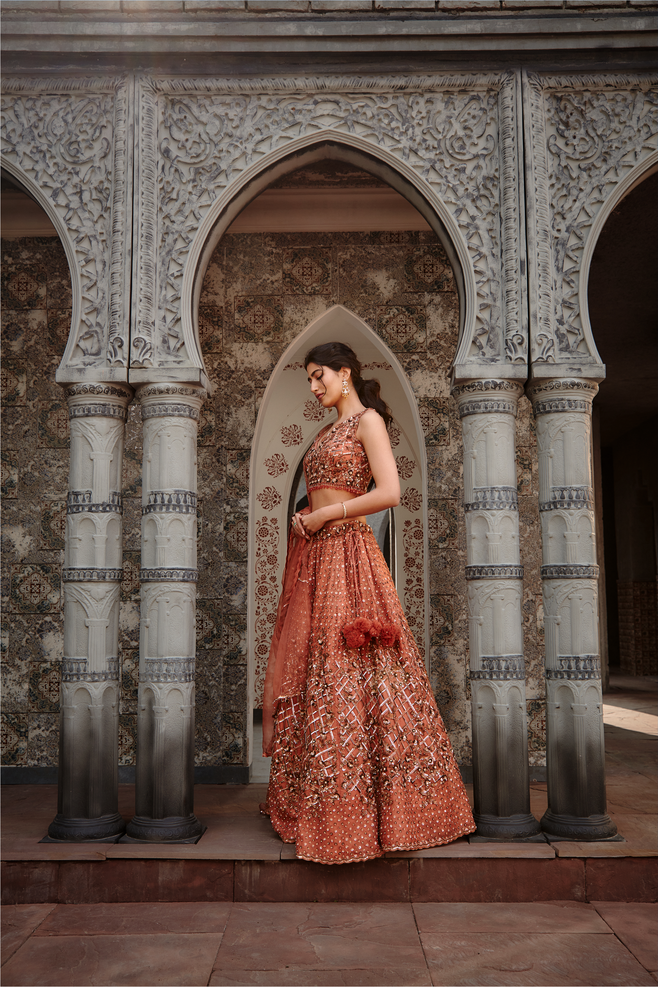 Copper Rust Organza Lehenga Choli Set with Tonal Sequins