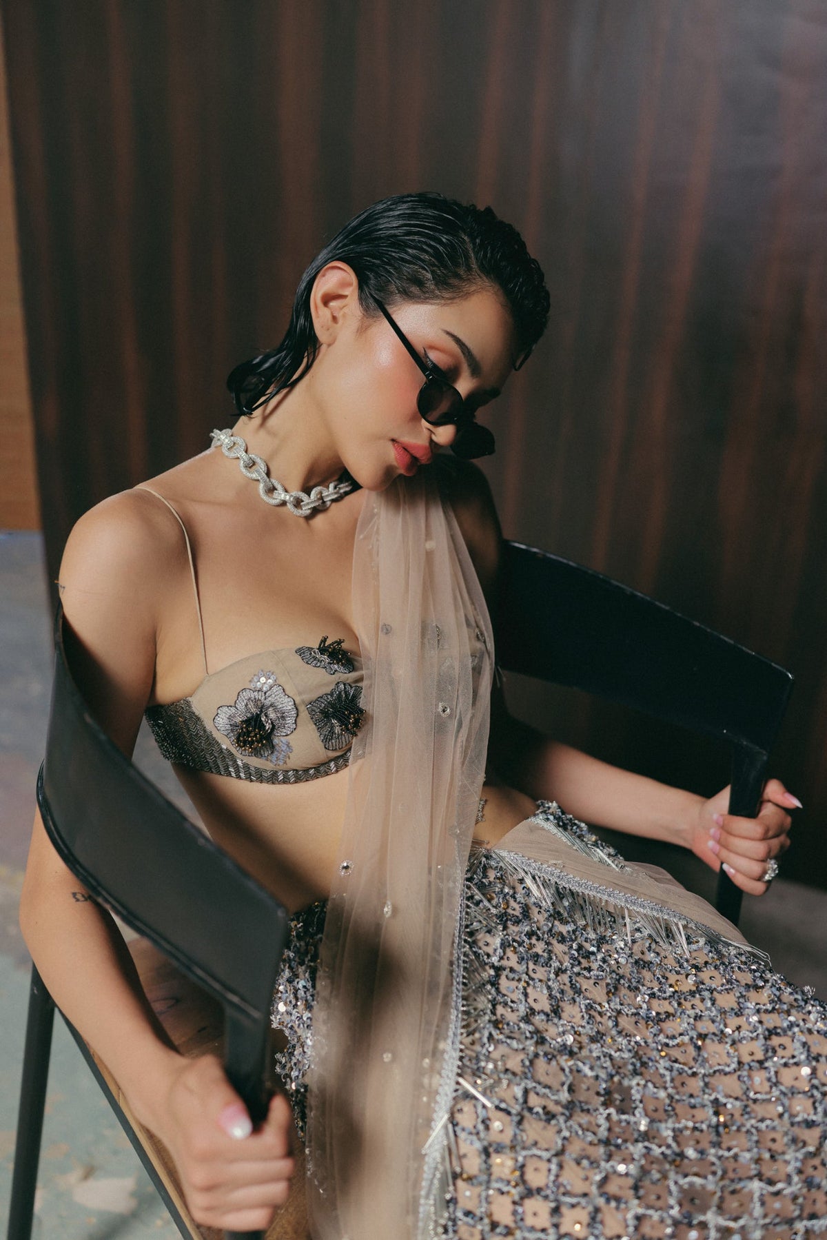 Zardosi & Bugle Bead Embroidery, Stretch Tulle & Silk with French Lace, Saree Set, Blouse Silhouette