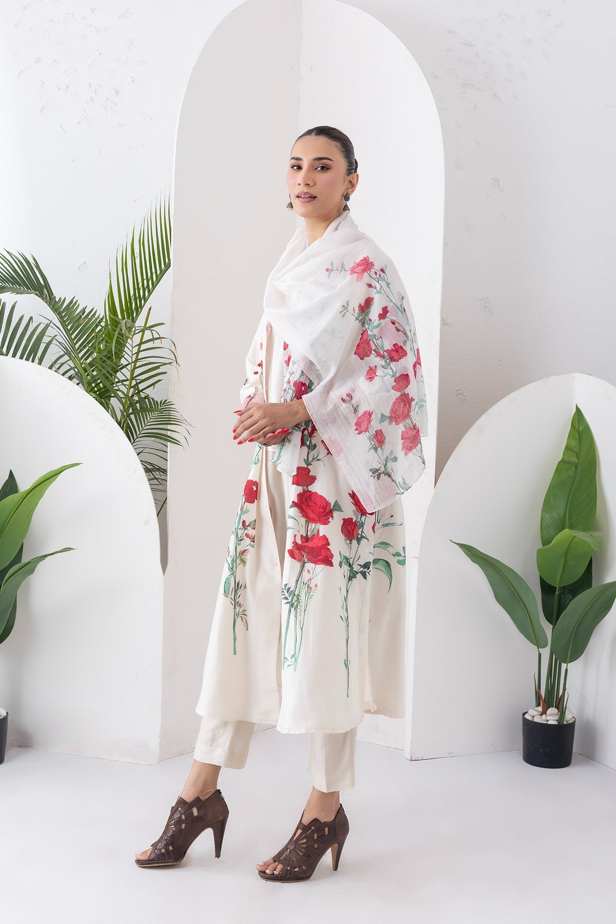 Ivory Silk Chanderi Front Open Printed Dress Set (3 PCS)