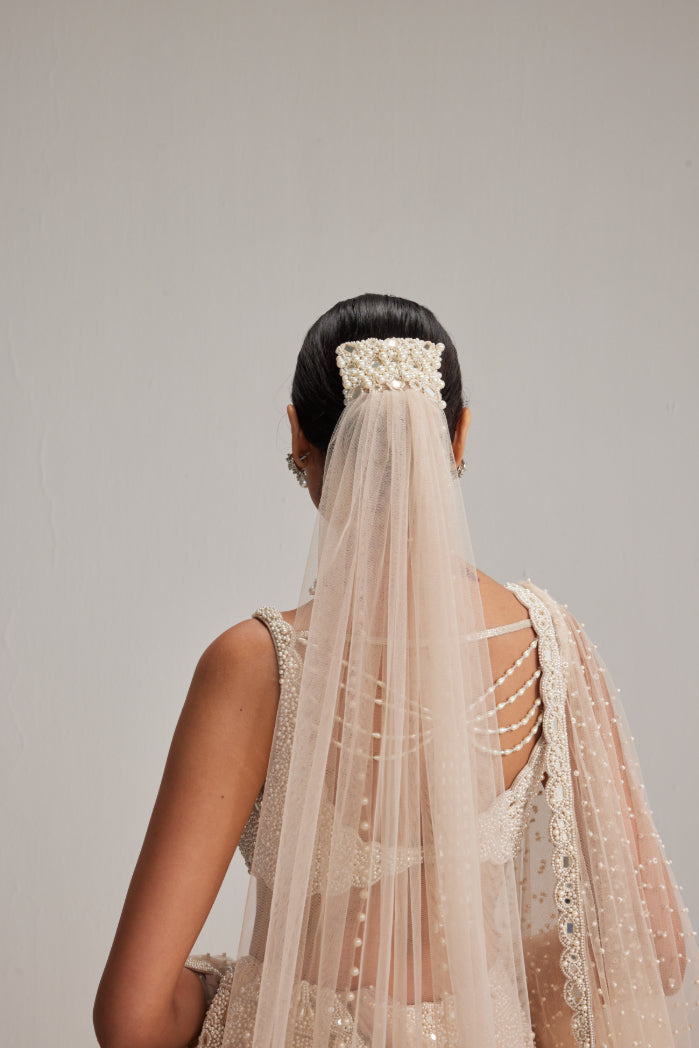 Light Beige Dense mirror and pearl lehenga set with Double Dupatta and Veil