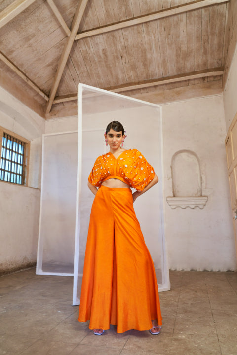 Orange Gathered Crop Top with Palazzo Set