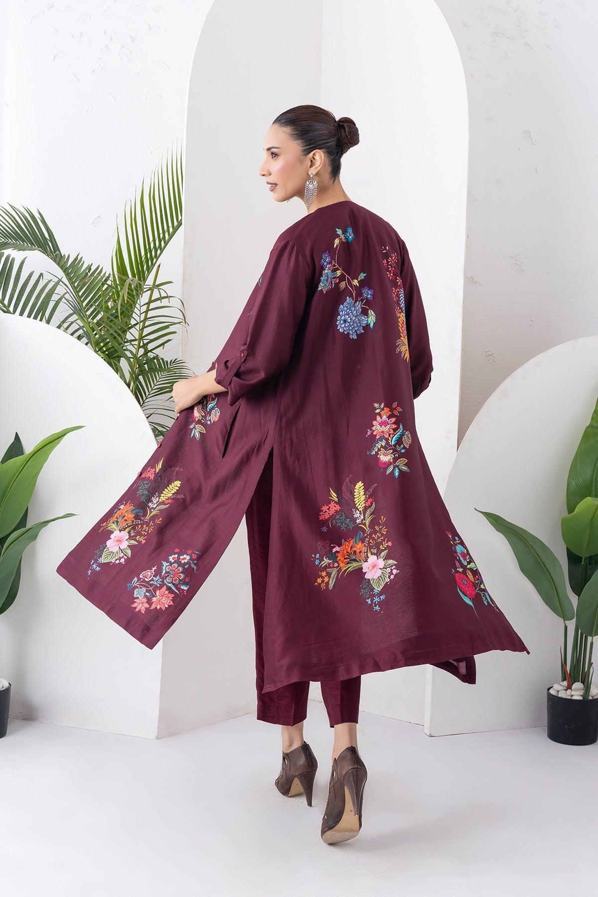 Chocolate Brown Silk Chanderi Printed High-Low Dress Set (3 PCS)