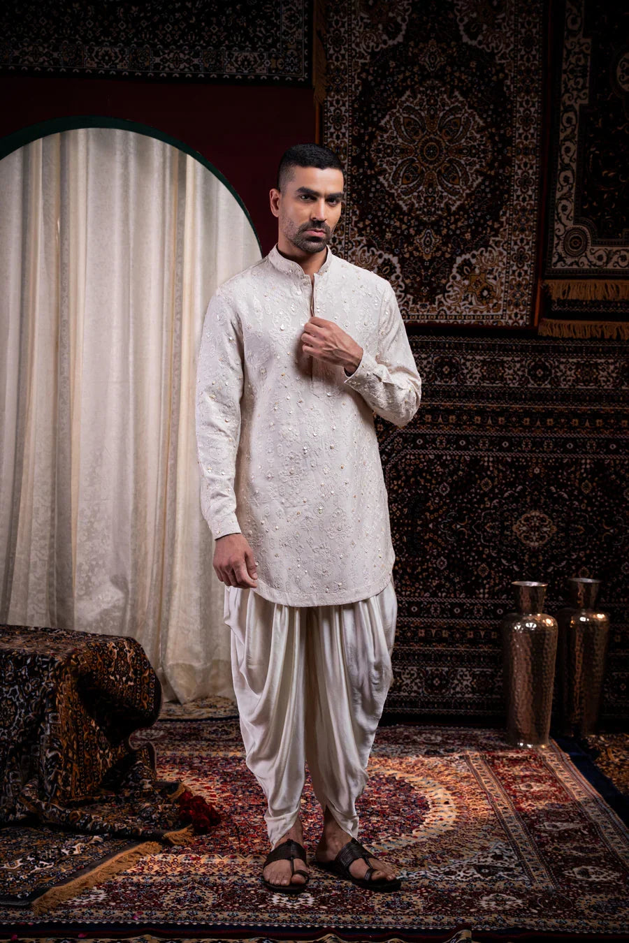 Ivory Pearl Embroidered Linen Silk Kurta