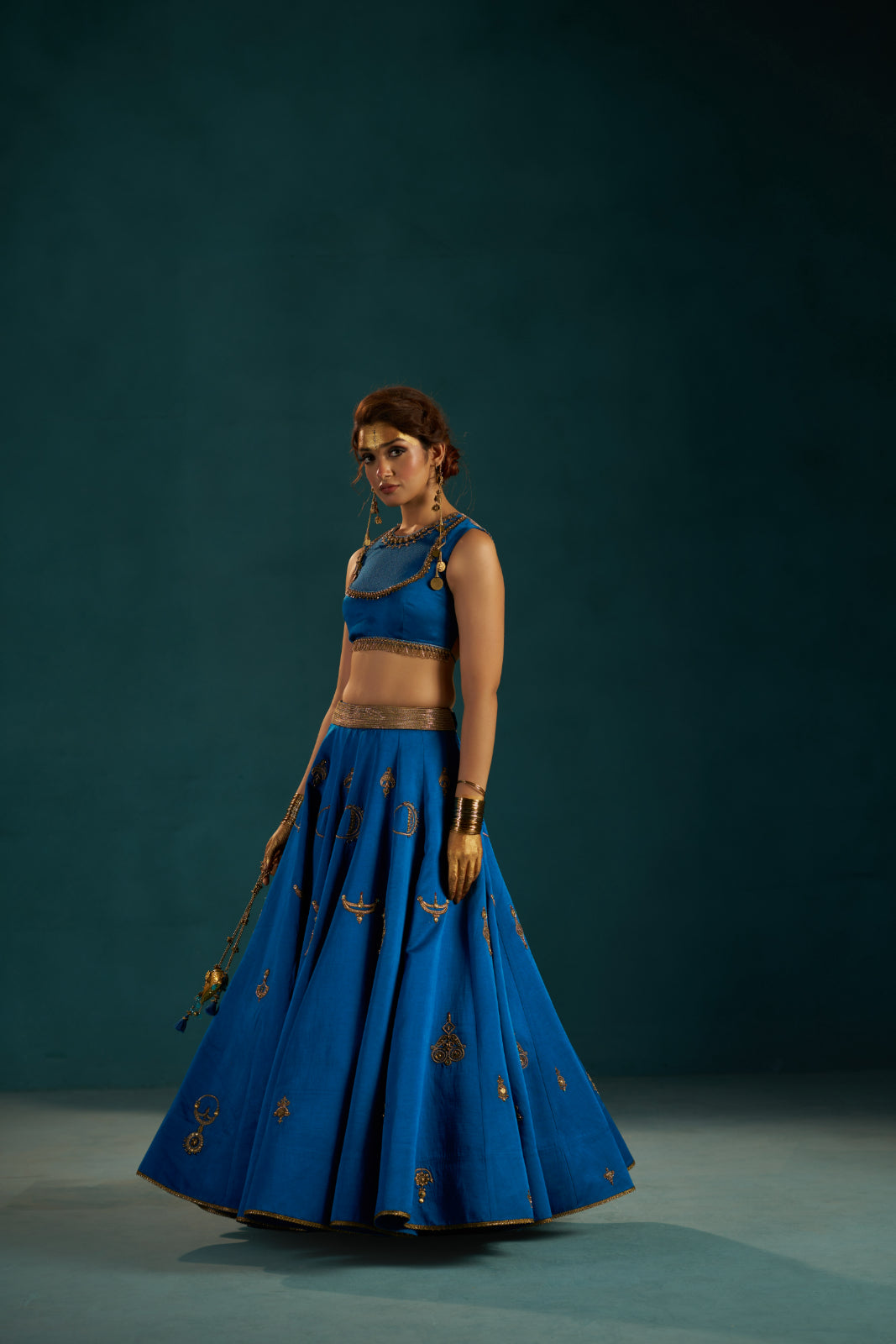 Rama Blue Linen Satin Lehenga set with Hand-Embellished embroidery