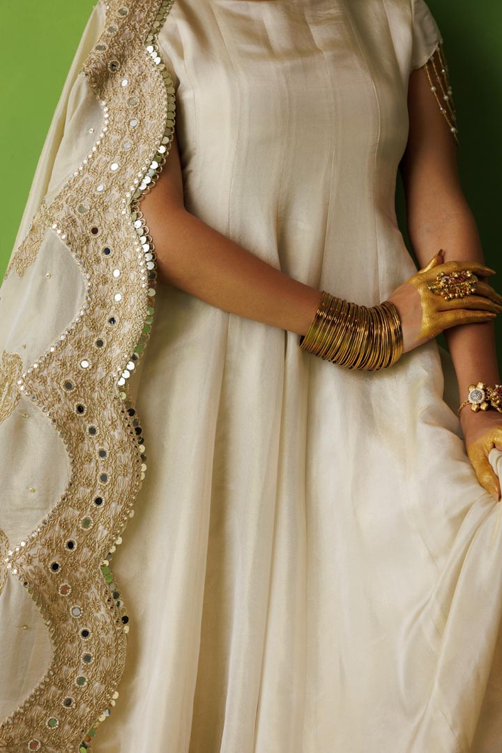 Beige tissue anarkali with scallop dupatta