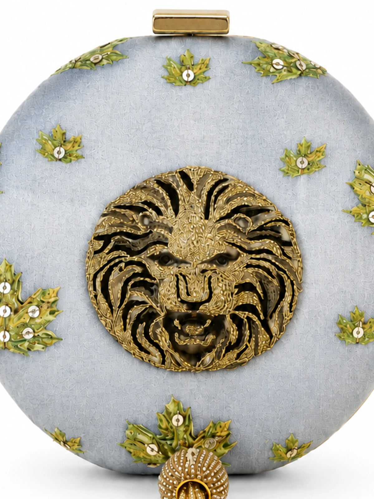Grey Lion Motif Round Clutch Bag with Embroidered Botanical Detail