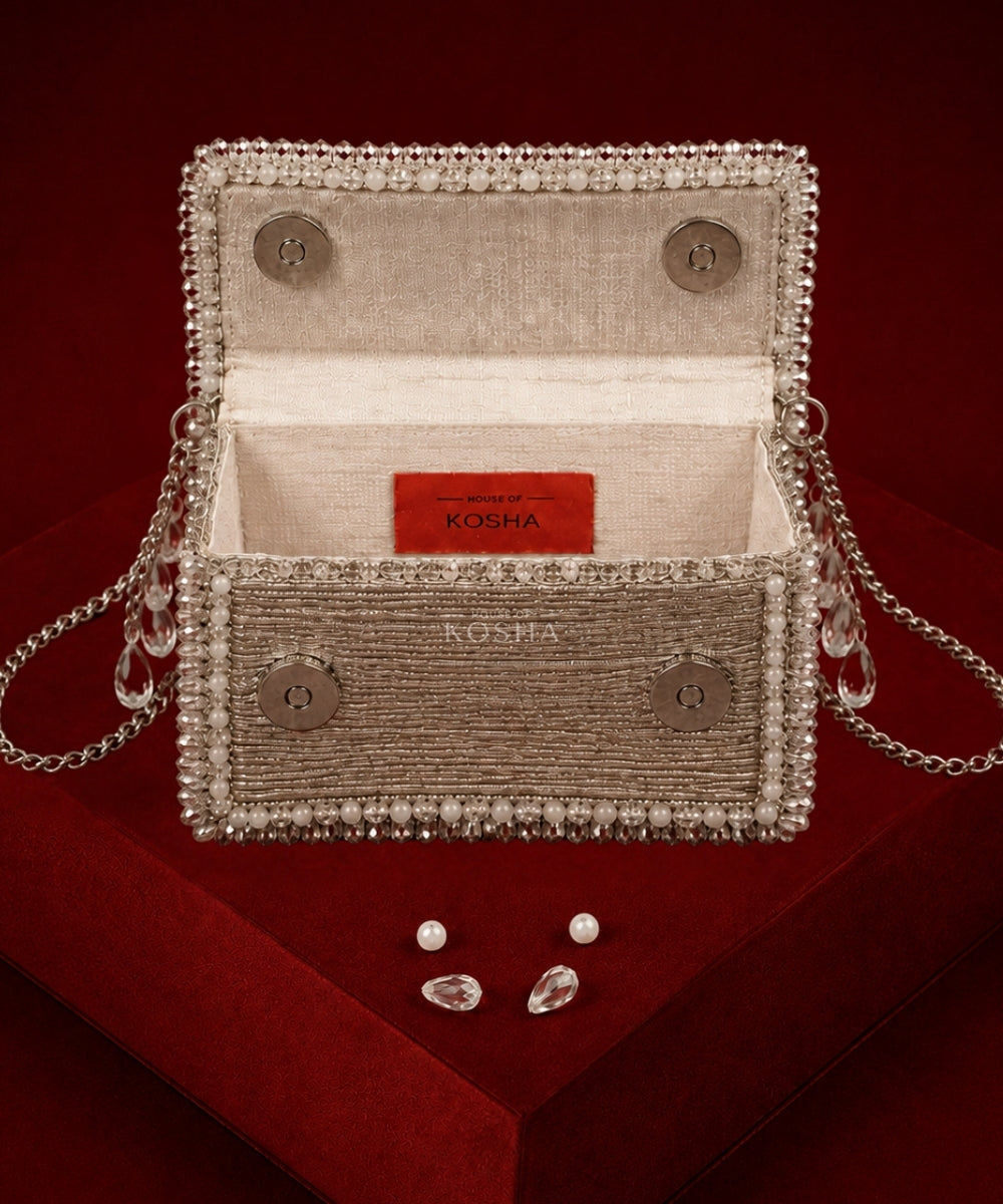Elif Silver Georgette Embellished Clutch