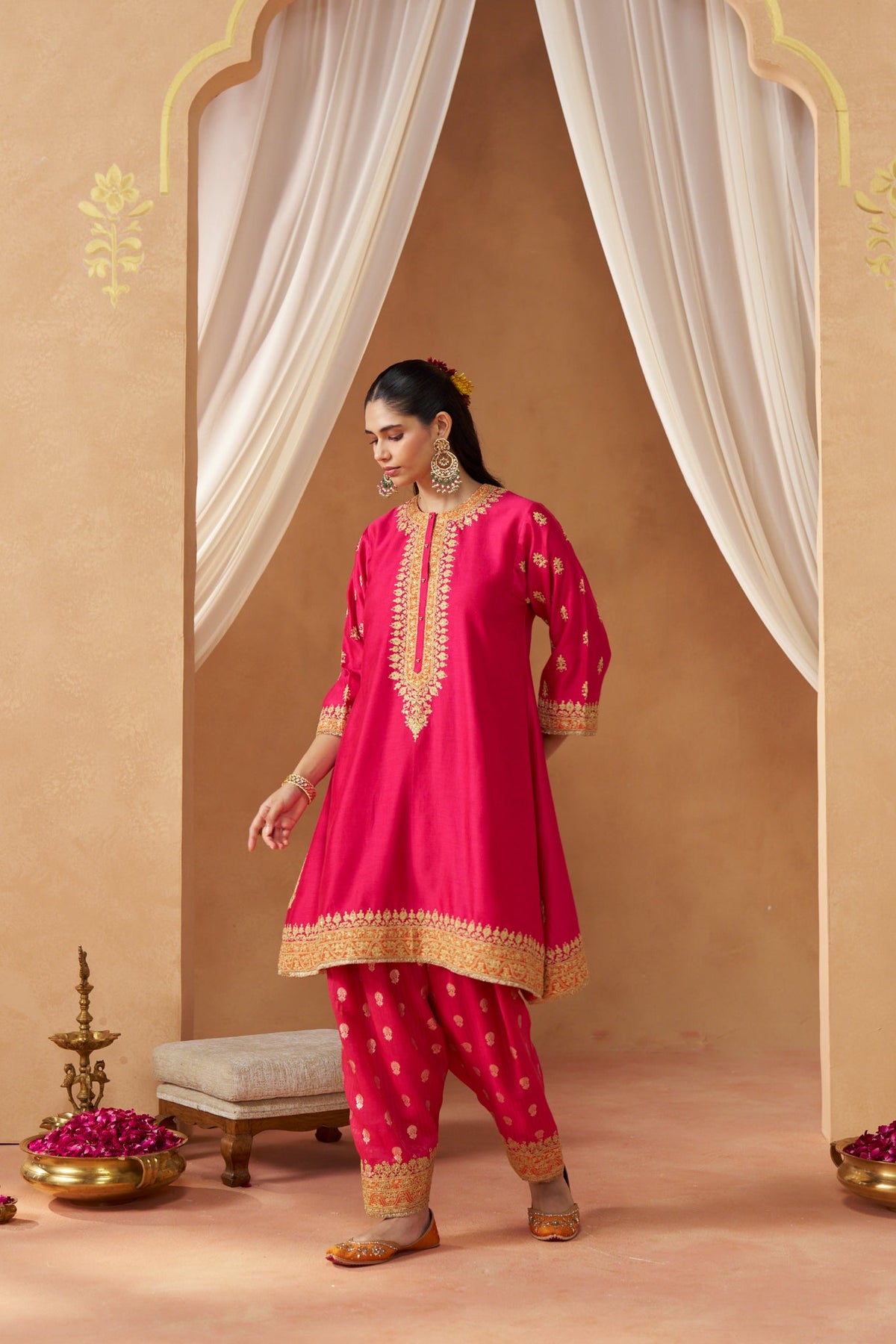 Zeenal Hotpink A-Line Kaaftan with Salwar with Dupatta