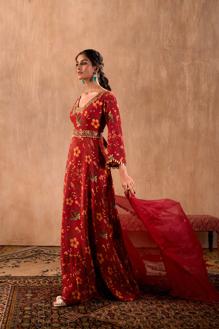 RED PRINT EMBROIDERED ANARKALI WITH DUPATTA AND BELT SET - image 5