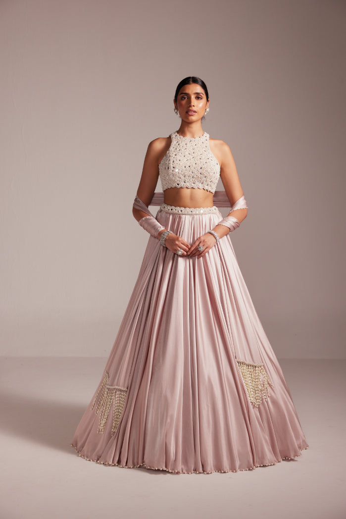 Ash Pink Satin skirt Set