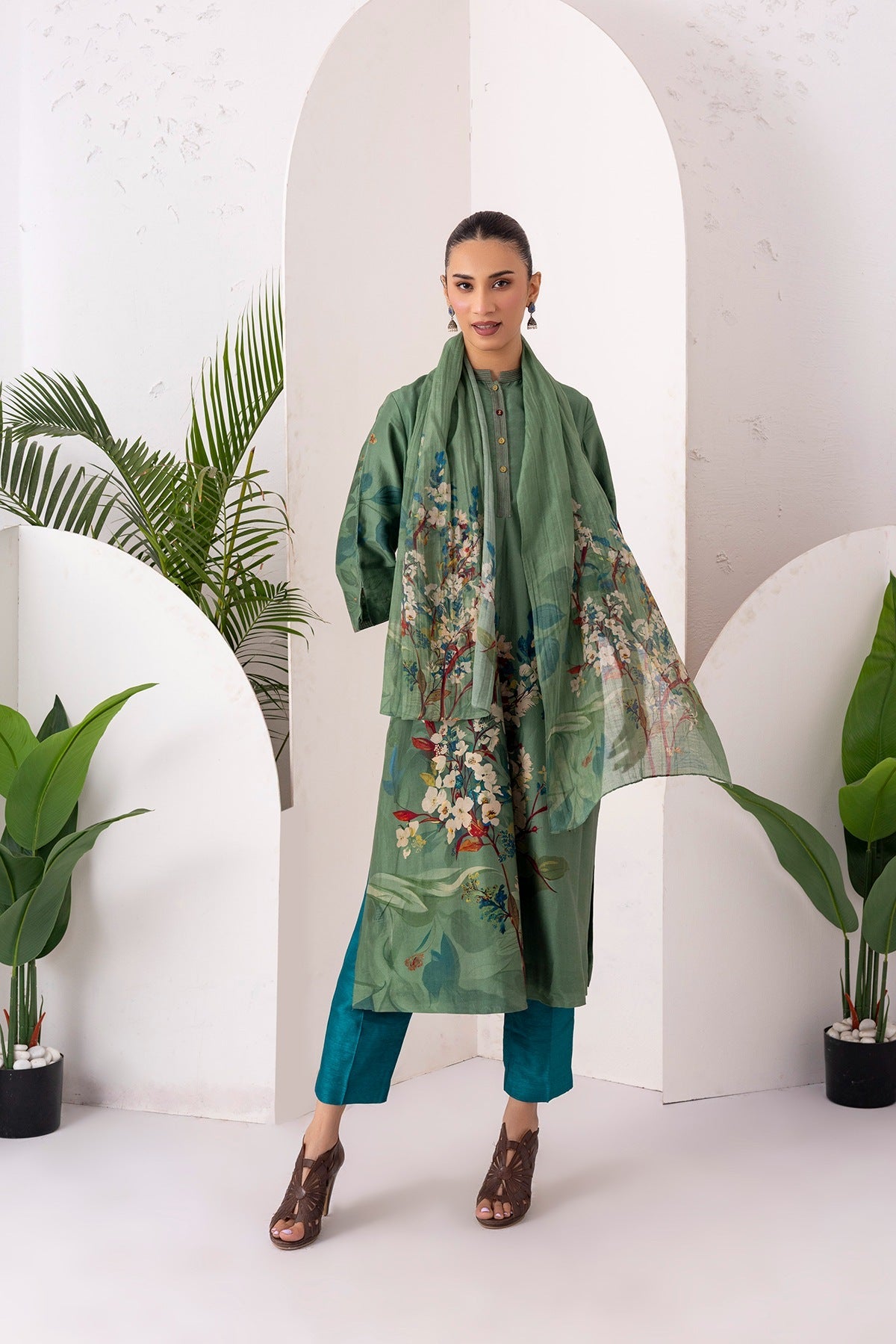 Sage Green Silk Chanderi Printed Front Pleat Tunic Set (2 PCS)