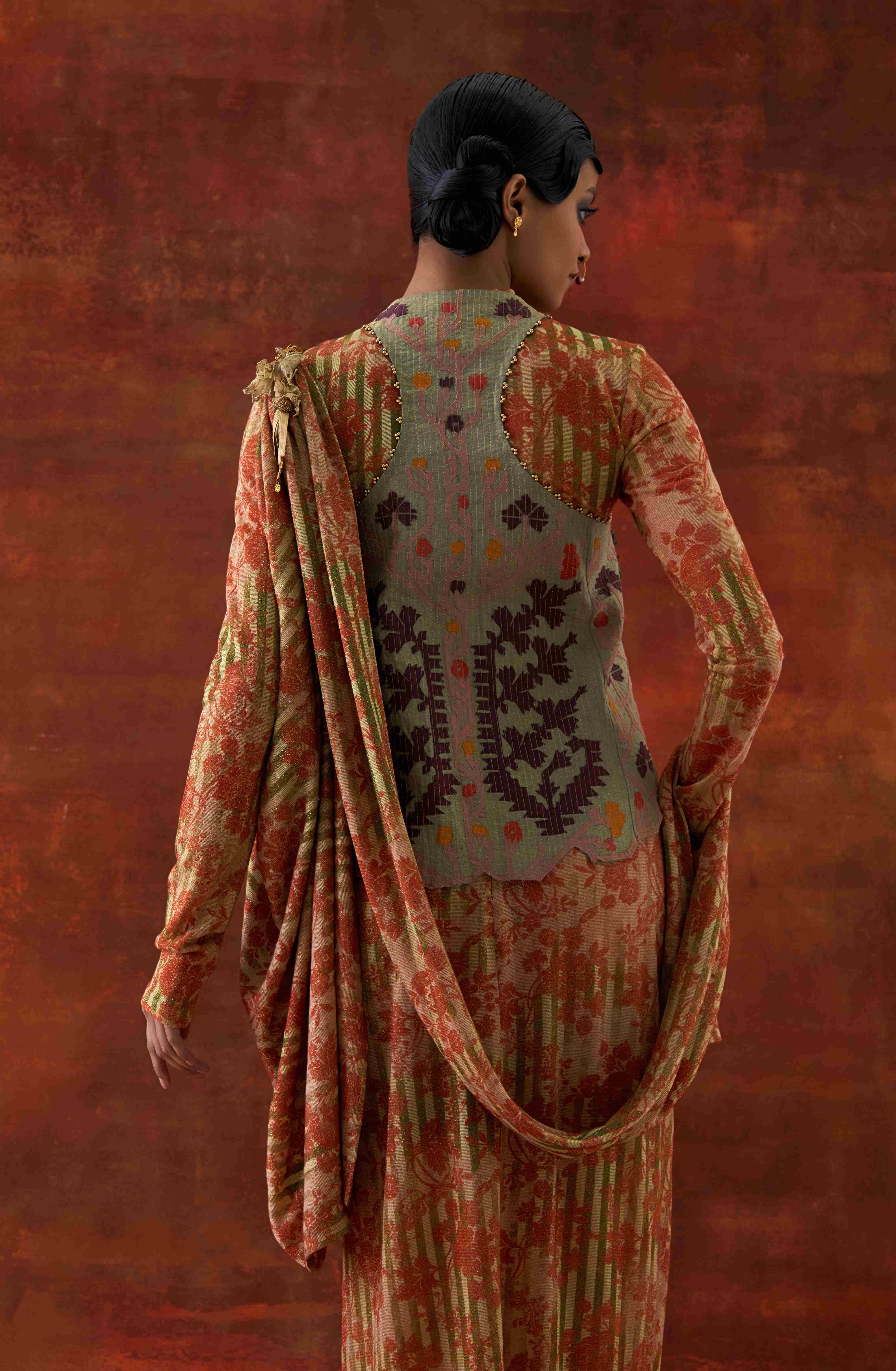3D FLOWER RACER BACK JACKET WITH GOLD JERSEY DRAPED SARI - image 5