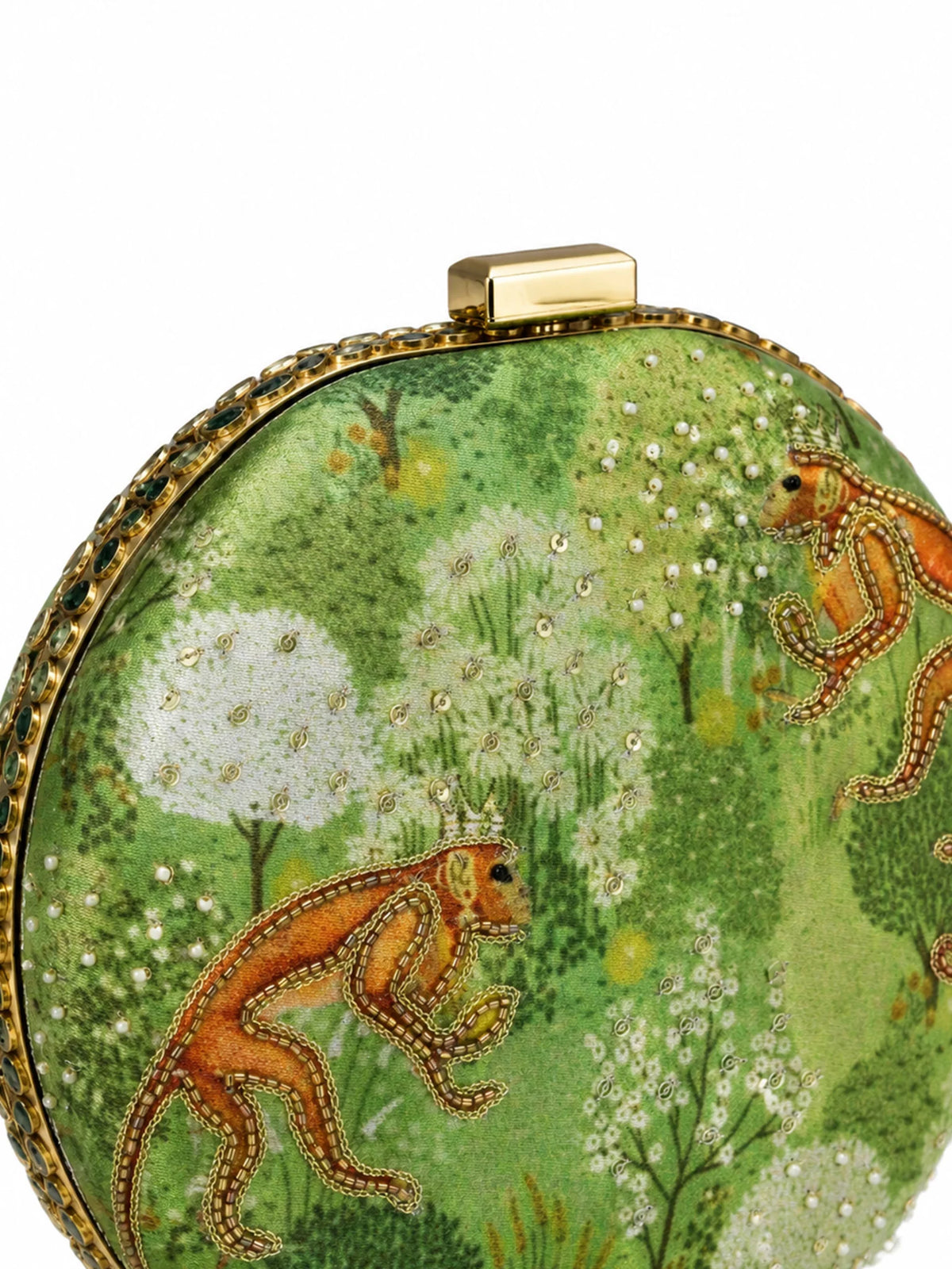 Green Forest Print Round Clutch Bag with Monkey Motif & Beaded Tassels