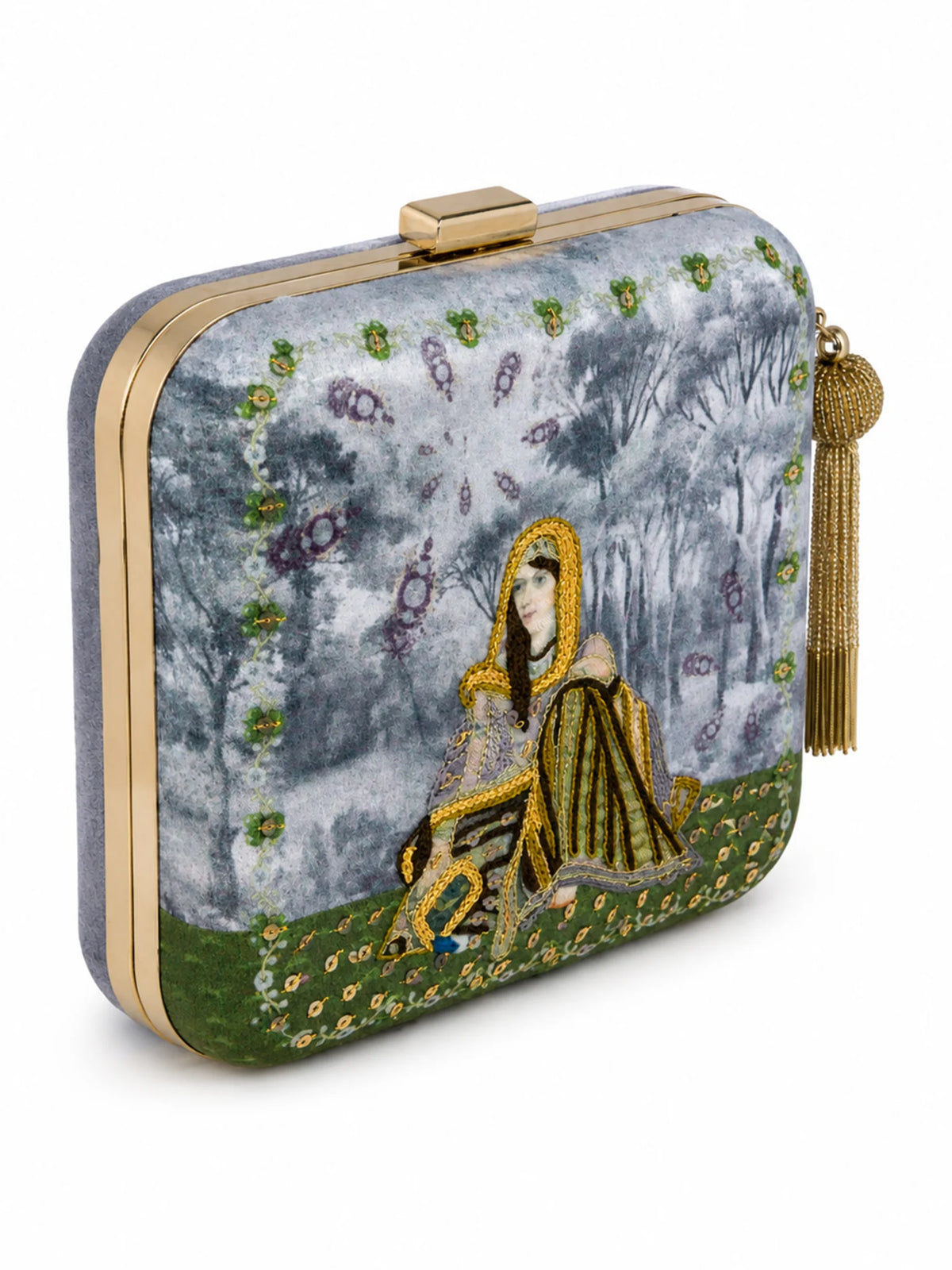 Indian Queen Portrait Embellished Clutch Bag with Gold Tassel