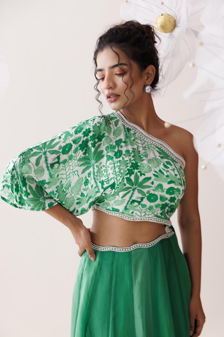 Verde ombre one-shoulder dress