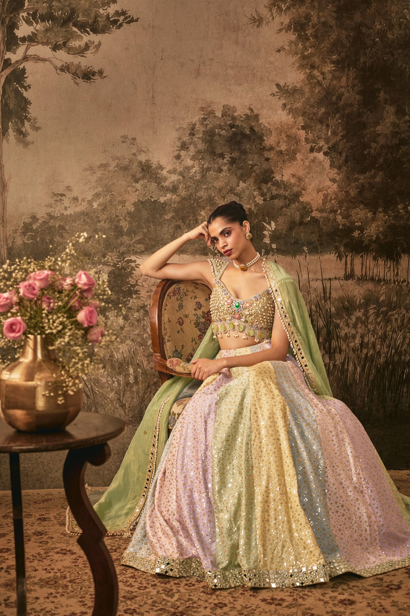 Multi colored sequins and mirror embroidered lehenga set