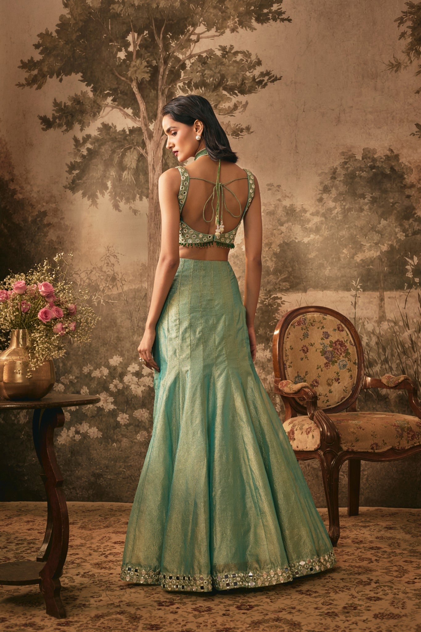 TISSUE,MIRROR AND JEWEL EMBROIDERED LEHENGA SET