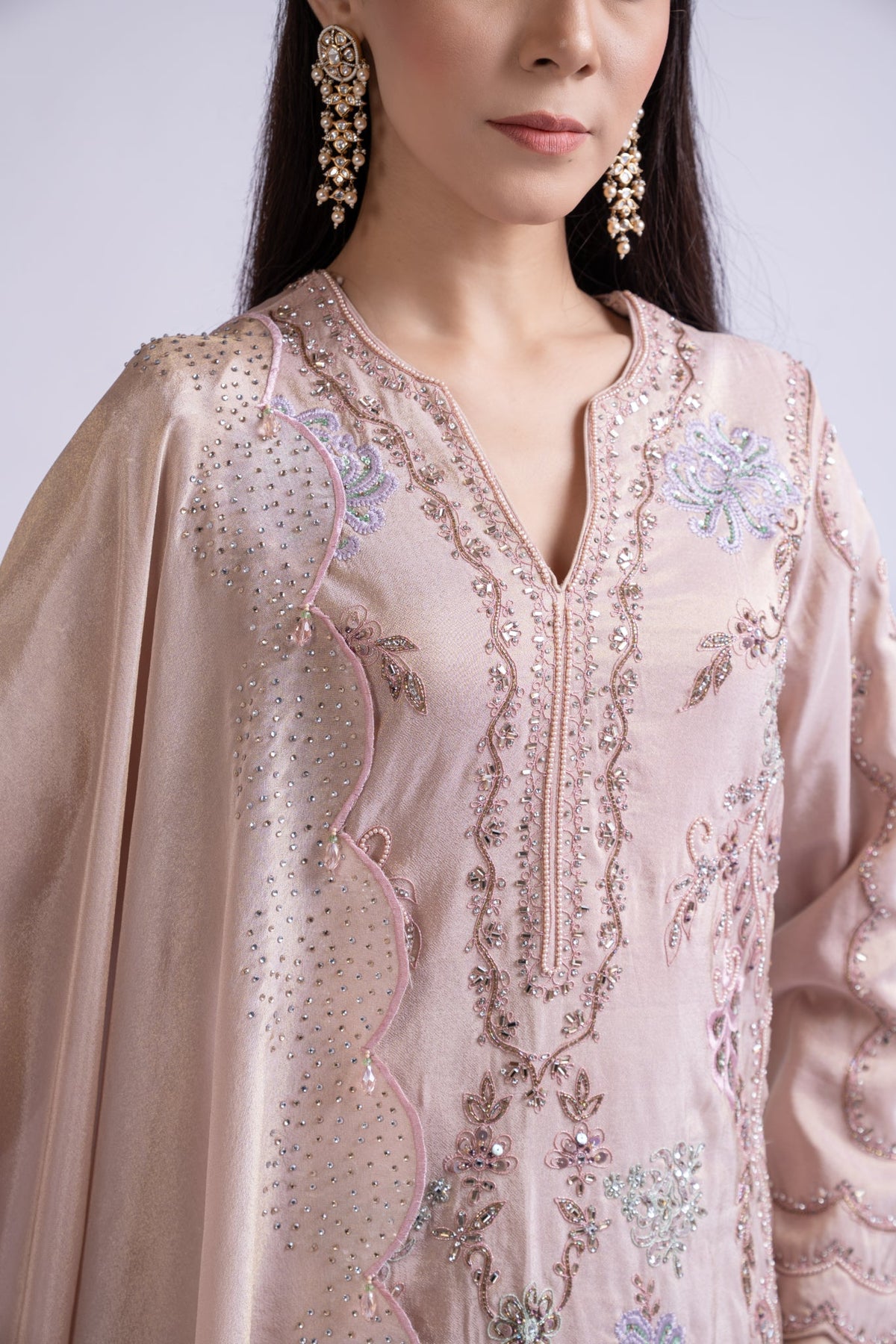 Blush Pink Tissue Embroidered Shirt Set with Dupatta