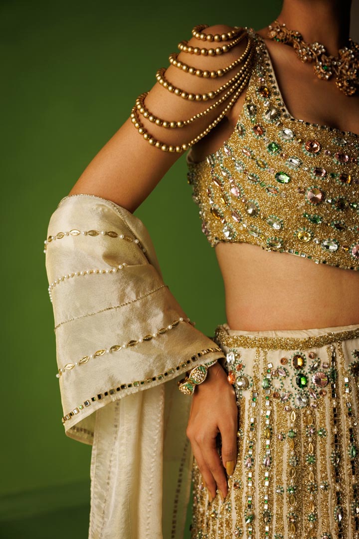 Tissue silk stone embellished fishtail lehenga set
