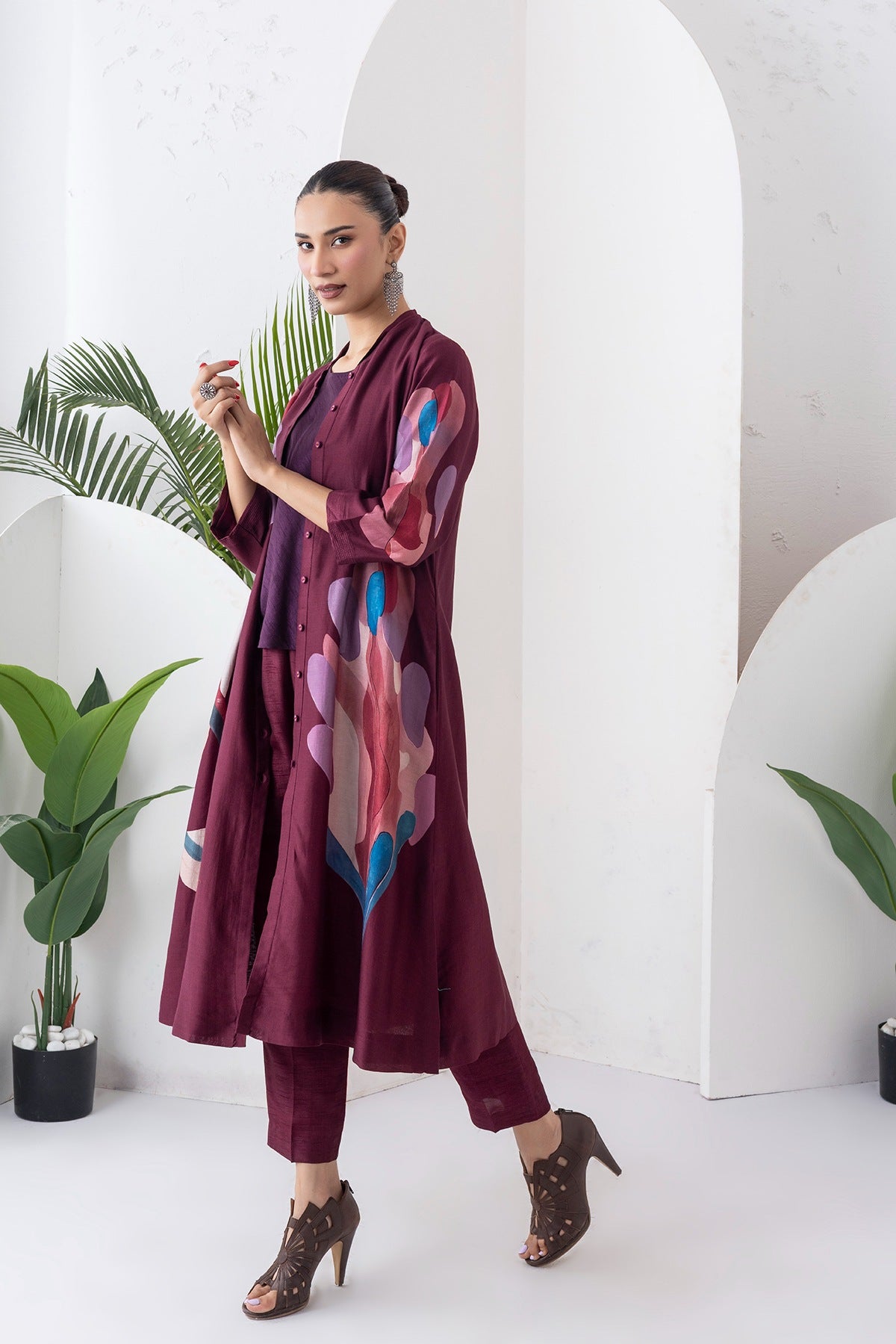 Chocolate Brown Silk Chanderi Printed Dress Set (3 PCS)